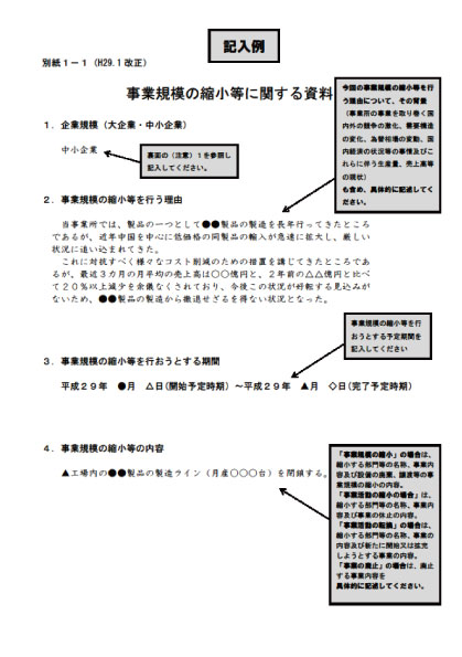 事業規模の縮小等に関する資料（様式第１号 別紙１－１） 